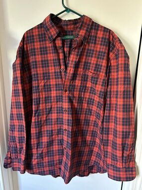 Orvis Mens- Burnt Orange and Navy Plaid Button-Down Shirt